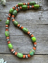 Load image into Gallery viewer, Sterling Silver Orange Spiny Oyster Green Turquoise Bead Necklace. 20 inch