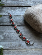 Load image into Gallery viewer, Floral Sterling Silver Red Bamboo Coral Pearls Bead Bracelet. 6 Inch