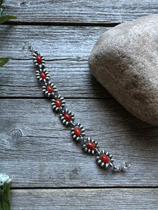 Floral Sterling Silver Red Bamboo Coral Pearls Bead Bracelet. 6 Inch