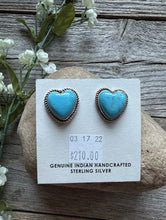 Load image into Gallery viewer, Navajo Sterling Silver Blue Turquoise Heart Stud Earrings. Gift