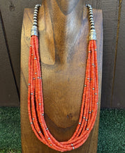 Load image into Gallery viewer, Sterling Silver Multi Strand Orange Bamboo Coral Pearls Bead Necklace 28 Inch