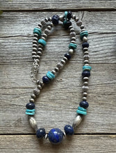 Load image into Gallery viewer, Southwestern Sterling Silver Blue Lapis Turquoise Pearls Bead Necklace 22 inch