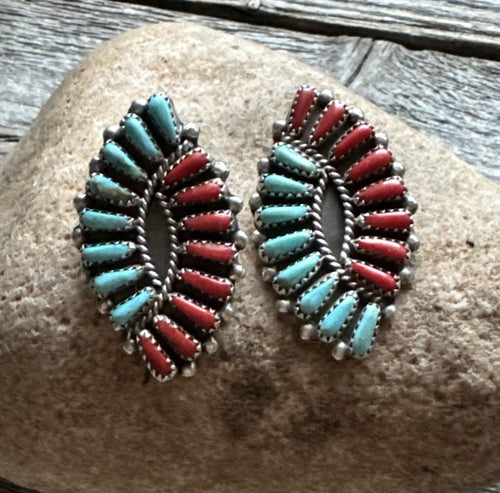 Navajo Native American Sterling Silver Turquoise Coral Cluster Stud Earrings J
