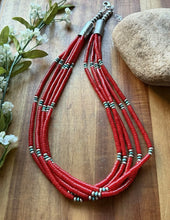 Load image into Gallery viewer, Sterling Silver Multi Strand Heishi Bamboo Coral Turquoise Bead Necklace 22 Inch