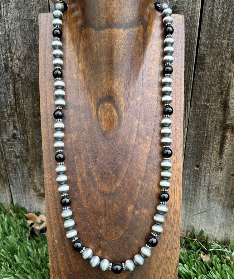 Southwestern Sterling Silver Black Onyx 10mm Pearls Bead Necklace. 26 Inch. Gift