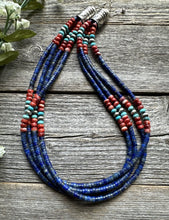 Load image into Gallery viewer, Sterling Silver Multi Strand Stone Lapis Spiny Turquoise Bead Necklace. 20 inch