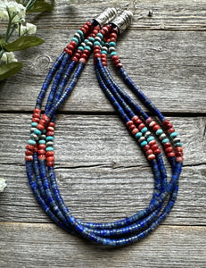 Sterling Silver Multi Strand Stone Lapis Spiny Turquoise Bead Necklace. 20 inch