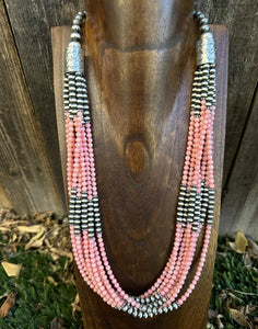 Sterling Silver Multi Strand Pink Coral W Pearls Bead Necklace 24 Inch