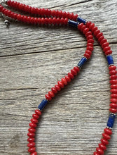 Load image into Gallery viewer, Sterling Silver Red Coral Lapis Bead Necklace. 18 inch Gift
