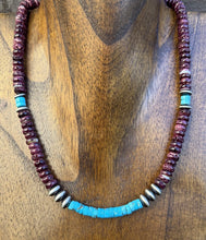 Load image into Gallery viewer, Sterling Silver Purple Spiny Oyster Heishi Turquoise Pearls Bead Necklace 18”