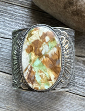 Load image into Gallery viewer, Sunshine Reeves Sterling Silver Green Royston Turquoise Cuff Bracelet. Navajo