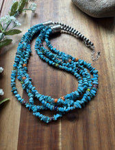 Load image into Gallery viewer, Sterling Silver Multi Strand Stone Blue Turquoise Bead Necklace. 24 inch
