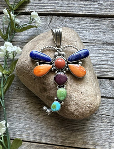 Navajo Sterling Silver Multi Stone Turquoise Dragonfly Pendant Charles Johnson