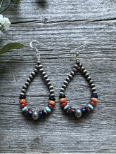 Load image into Gallery viewer, Southwestern Sterling Silver Multi Stone 4mm Pearls Bead Loop Dangle Earrings 3”