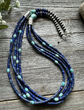 Load image into Gallery viewer, Sterling Silver Multi Strand Stone Lapis Turquoise Bead Necklace. 28 inch