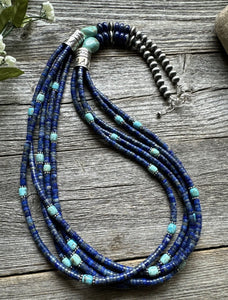 Sterling Silver Multi Strand Stone Lapis Turquoise Bead Necklace. 28 inch