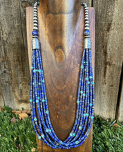 Load image into Gallery viewer, Sterling Silver Multi Strand Stone Lapis Turquoise Bead Necklace. 30 inch