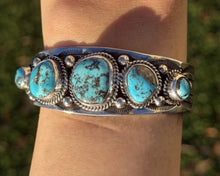 Load image into Gallery viewer, Navajo Native American Sterling Silver Blue Turquoise Row Cuff Bracelet J Nelson