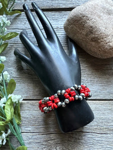 Floral Sterling Silver Red Bamboo Coral Pearls Bead Bracelet. 7 Inch