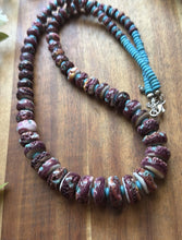 Load image into Gallery viewer, Sterling Silver Graduated Purple Spiny Oyster Turquoise Pearls Bead Necklace 26”