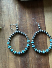 Load image into Gallery viewer, Southwestern Sterling Silver Turquoise Pearls Bead Hoop Earrings. Gift 3.25 Inch