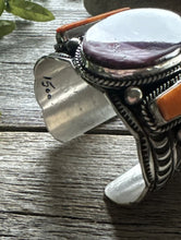 Load image into Gallery viewer, Andy Cadman Sterling Silver Purple Orange Spiny Oyster Cuff Bracelet. Navajo