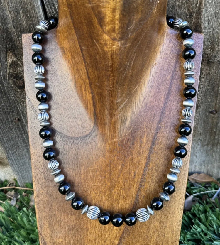 Southwestern Sterling Silver Black Onyx Bead Necklace. 18 Inch. Gift