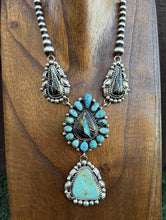 Load image into Gallery viewer, Navajo Sterling Silver Black Jack Kingman Turquoise Lariat Pearls Chain Necklace