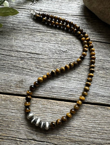 Southwestern 925 Sterling Silver Tigers Eye Pearls Bead Necklace 18 inch