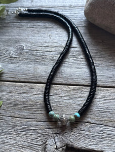 Sterling Silver Black Onyx Turquoise Bead Necklace. 18 Inch Gift