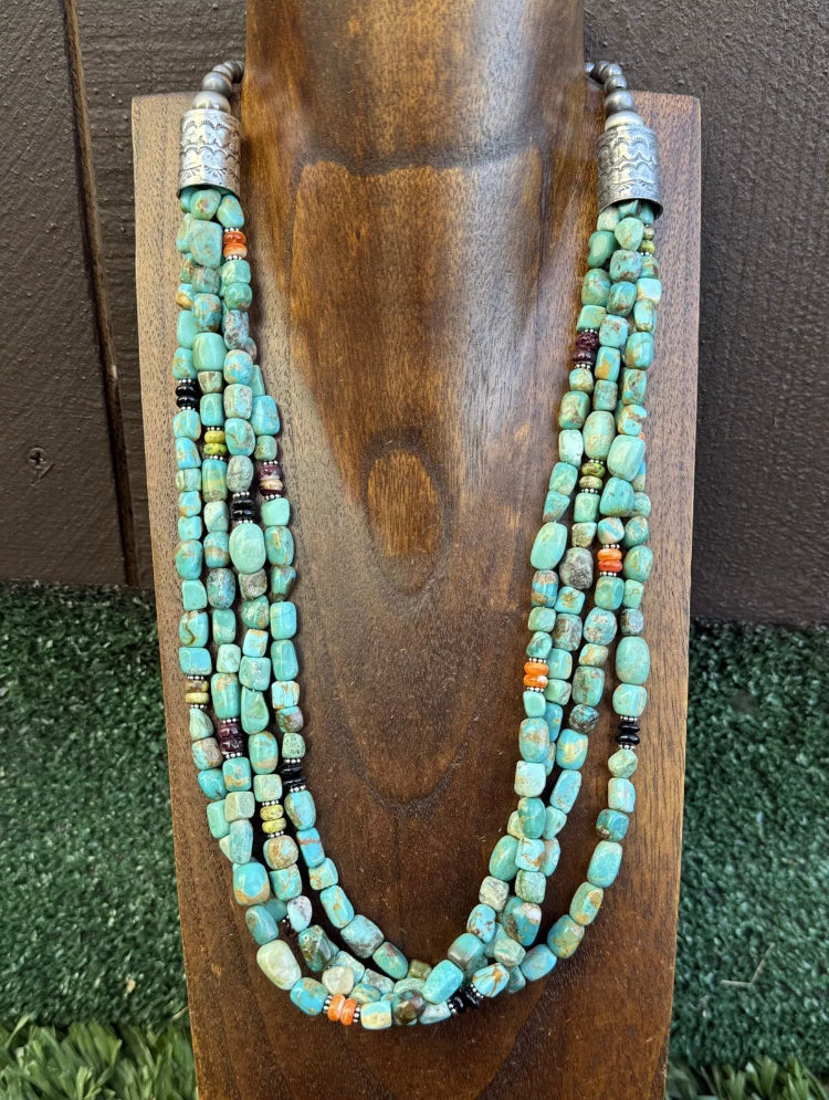 Sterling Silver Multi Strand Blue Green Turquoise Stone Bead Necklace 24 inch