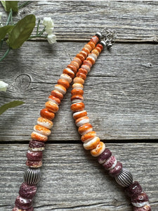 Sterling Silver Graduated Orange Purple Spiny Oyster Pearl Bead Necklace 18 Inch
