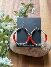 Load image into Gallery viewer, Sterling Silver Red Coral Bead W Pearls Loop Hoop Earrings.