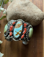 Load image into Gallery viewer, Navajo Native American Sterling Silver Royston Turquoise Coral Cuff Bracelet CY