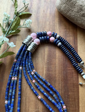 Load image into Gallery viewer, Sterling Silver Multi Strand Heishi Lapis Pink Conch Bead Necklace 26 inch