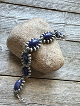 Load image into Gallery viewer, Floral Sterling Silver Blue Lapis Pearls Bead Bracelet. 8 Inch