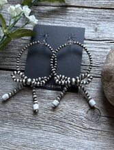 Load image into Gallery viewer, Sterling Silver Bow White Howlite Pearls Hoop Bead Earrings 3.5 Inch