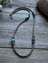 Load image into Gallery viewer, Sterling Silver Turquoise Nuggets W Pearls Bead Necklace. 22 inch
