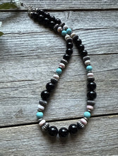 Load image into Gallery viewer, Sterling Silver Black Onyx Multi Stone Turquoise Pink Bead Necklace 18 Inch