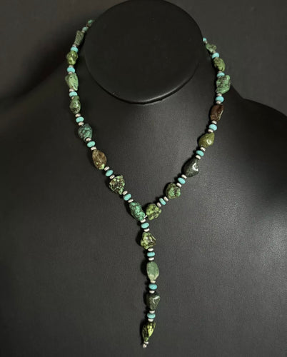 Sterling Silver Blue Green Turquoise W Pearls Bead Lariat Y Necklace. 26 inch