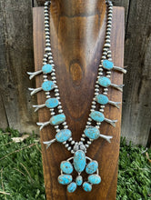 Load image into Gallery viewer, Navajo Sterling Silver White Water Turquoise Squash Blossom Pearls Necklace G