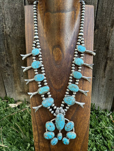 Navajo Sterling Silver White Water Turquoise Squash Blossom Pearls Necklace G