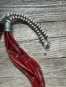Sterling Silver Multi Strand Red Bamboo Coral Bead Necklace 28 Inch