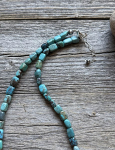 Sterling Silver Turquoise Nuggets Corrugated Pearl Bead Necklace. 18 inch
