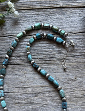 Load image into Gallery viewer, Sterling Silver Blue Green Turquoise Nuggets W Pearls Bead Necklace. 18 inch