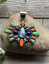 Load image into Gallery viewer, Navajo Sterling Silver Multi Stone Golden Hill Turquoise Spiny Oyster Pendant LY