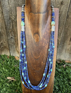 Sterling Silver Multi Strand Stone Lapis Turquoise Bead Necklace. 28 inch