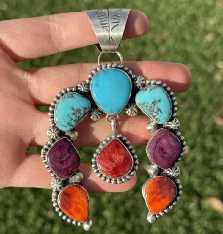 Navajo Sterling Silver Multi Stone Turquoise Spiny Oyster Pendant Augustine L
