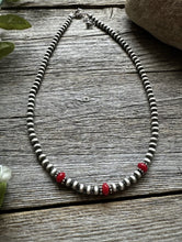 Load image into Gallery viewer, Sterling Silver 4mm Pearls with Red Bamboo Coral Bead Necklace Choker. 14 inch