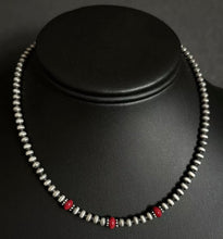 Load image into Gallery viewer, Sterling Silver 4mm Pearls with Red Bamboo Coral Bead Necklace Choker. 14 inch